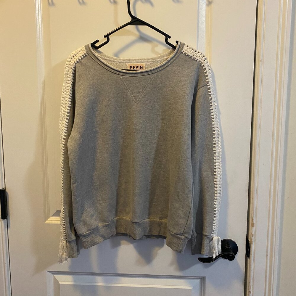 Pepin Anthropologie Crochet Fringe Sleeve Crewneck Sweatshirt Women's L